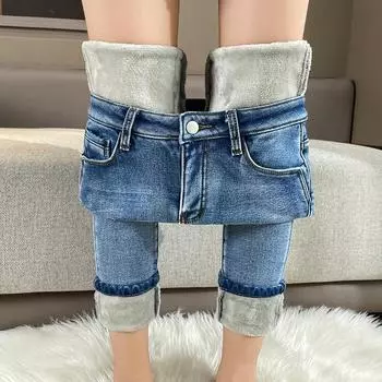 Женские узкие джинсы с высокой талией и бархатом, облегающие, эластичные, утолщенные брюки-карандаш - стиль осень/зима 2023 года. 32