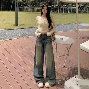 Женские узкие джинсы с высокой талией и широкими штанинами в стиле ретро 2024 года на осень/зиму M, Pants