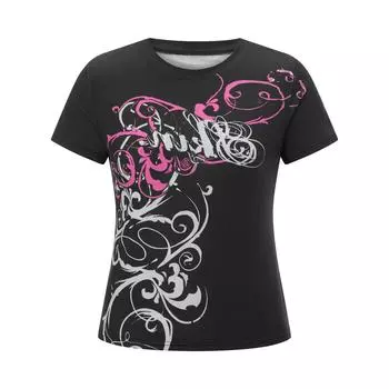 Женские узкие готические топы с абстрактным принтом в стиле ретро с коротким рукавом и круглым вырезом в стиле гранж, уличная одежда S чёрный