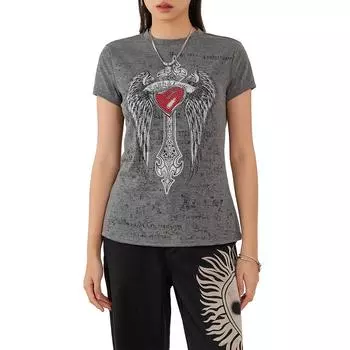 Женские узкие готические топы с принтом в стиле ретро со стразами, крестом и крыльями, с короткими рукавами и круглым вырезом в стиле гранж на лето и весну S чёрный