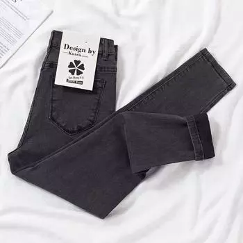 Женские узкие корейские джинсы-карандаш с высокой талией, универсальный фасон Nine-Point, эластичная посадка на осень 2021 г. 31 черный серый