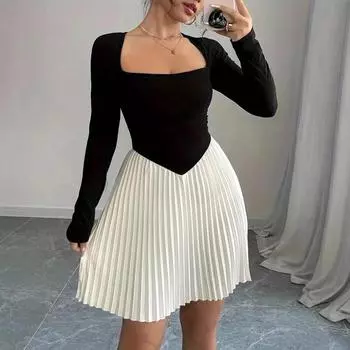Женские узкие пикантные сексуальные элегантные платья с квадратным вырезом и длинными рукавами и высокой талией S чёрный