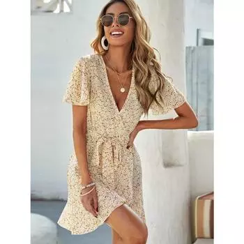 Женские узкие платья с V-образным вырезом и короткими рукавами с принтом и завязками S розовый