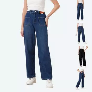 Женские узкие прямые джинсы с высокой талией и карманами, свободные широкие повседневные брюки XXL синий