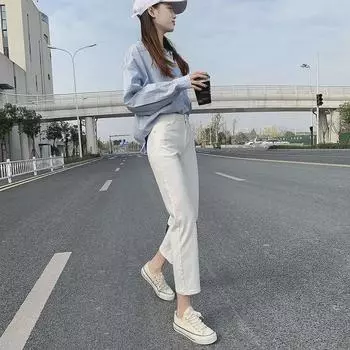 Женские узкие прямые джинсы с высокой талией и широкими штанинами - корейский стиль, белые, длина 9/10, на весну и осень XS [37.5-41 kg] чёрный