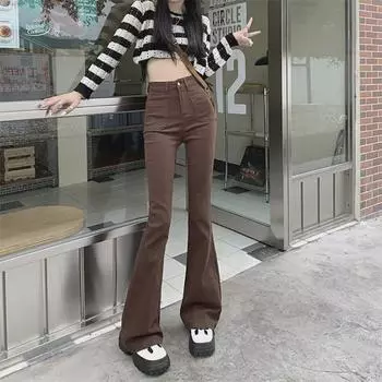 Женские узкие расклешенные коричневые джинсы с высокой талией 2023 года Large