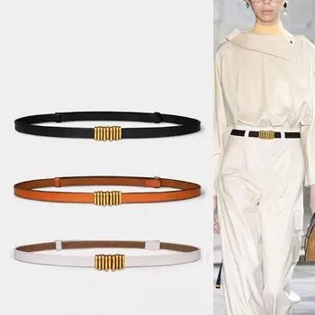 Женские узкие ремни с металлической золотой пряжкой, дизайнерские ремни из натуральной кожи для женских платьев, модный тонкий ремень LB2131 95CM белый