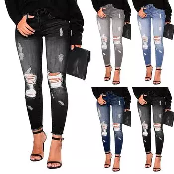 Женские узкие рваные модные джинсы, потертые эластичные джинсовые брюки L чёрный