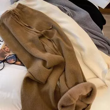 Женские узкие широкие брюки из плюша и плотной вязки вафельной вязки S коричневый