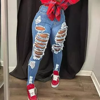 Женские узкие трендовые рваные повседневные модные узкие джинсы L светло-синий