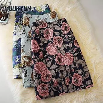 Женские узкие юбки А-силуэта, элегантная женская юбка с принтом роз и высокой талией, закрывающая бедра S