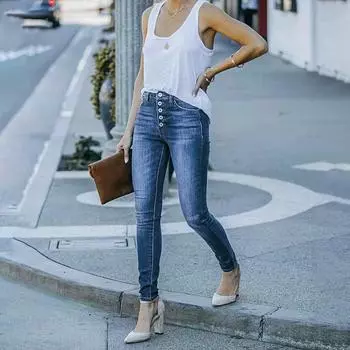 Женские узкие винтажные эластичные джинсы с высокой талией S темно-синий