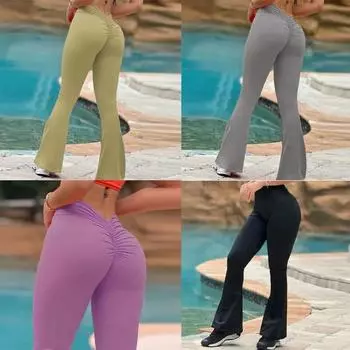 Женские V-образные утягивающие штаны для йоги, приподнимающие бедра, плиссированные спортивные штаны для тренировок, бега, фитнеса, йоги, расклешенные штаны S чёрный