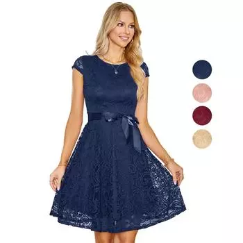 Женские вечерние коктейльные платья миди, свободное кружевное платье с круглым вырезом и цветочным принтом для подружки невесты на свадьбе, вечеринке, выпускном вечере, платье с поясом