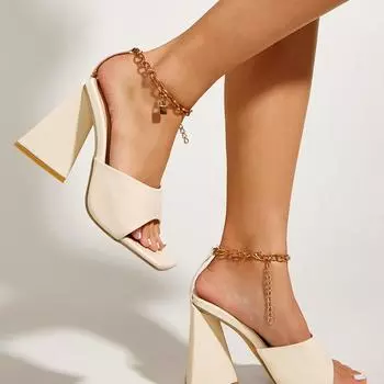 Женские вечерние модельные туфли, модные женские сандалии с металлической цепочкой и пряжкой на щиколотке, женские сандалии на треугольном квадратном каблуке с открытым носком, Zapatos Mujer Sandalias 35