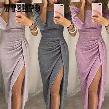 Женские вечерние платья Платья с открытыми плечами Блестящие и сексуальные облегающие вечерние платья Асимметричные платья макси S