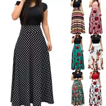 Женские вечерние платья с цветочным принтом, винтажное длинное платье, пляжное платье с круглым вырезом и коротким рукавом