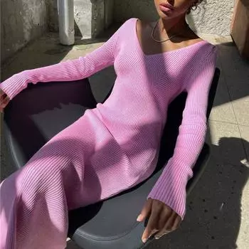 Женские вечерние платья с открытой спиной во французском стиле, осень 2023, винтажное облегающее зимнее платье с v-образным вырезом, элегантное женское трикотажное длинное платье 29295 One Size орион