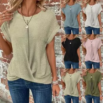 Женские вечерние топы с круглым вырезом и узлом, повседневный свободный пуловер, футболка с коротким рукавом S чёрный