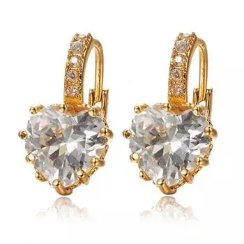 Женские вечные серьги-кольца с золотым прозрачным сердечком и стразами и кристаллами