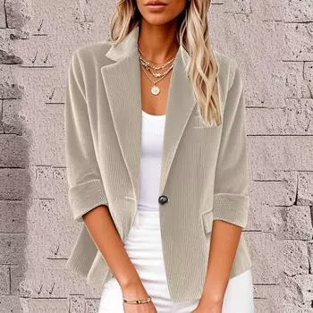 Женские вельветовые блейзеры в стиле business casual, куртки с рукавом 3/4, открытые спереди, с лацканами, на пуговице, пальто для рабочего костюма XL хаки