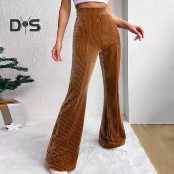 Женские вельветовые брюки, эластичные, с высокой талией, расклешенные, длинные брюки, однотонные, повседневные брюки на осень-зиму, повседневная одежда L коричневый