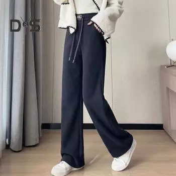 Женские вельветовые брюки, эластичные, с высокой талией, прямые, широкие, длинные брюки, однотонные, с утолщенной флисовой подкладкой L темно-серого