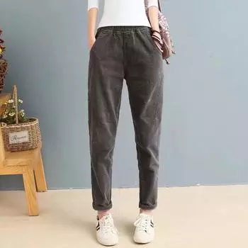 Женские вельветовые брюки осенние длинные брюки повседневные эластичный пояс свободные брюки палаццо женские шикарные репы XXXL чёрный