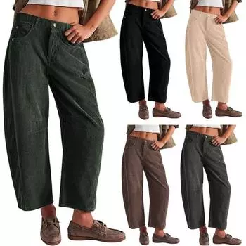 Женские вельветовые брюки с эластичной талией, средней посадкой, застежкой-молнией на пуговицы, широкие повседневные брюки с карманами, однотонные брюки S коричневый