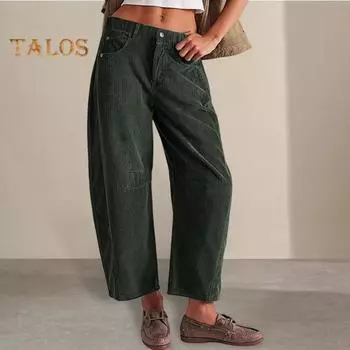 Женские вельветовые брюки с эластичной талией, средней посадкой, застежкой-молнией на пуговицы, широкие повседневные брюки с карманами, однотонные брюки S коричневый