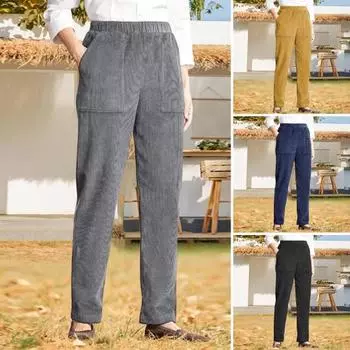 Женские вельветовые брюки с высокой талией, однотонные зимние теплые повседневные брюки с боковыми карманами для домашнего офиса, ежедневные занятия спортом на открытом воздухе S чёрный