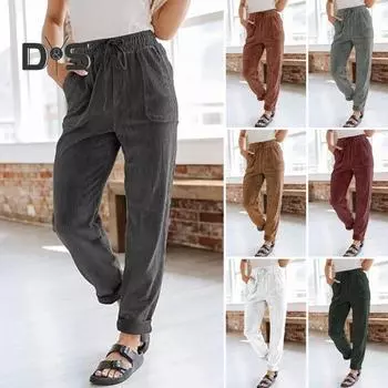 Женские вельветовые брюки с высокой талией, мешковатые, с эластичной резинкой на талии, повседневные брюки свободного кроя, с прямыми карманами, рабочие брюки L