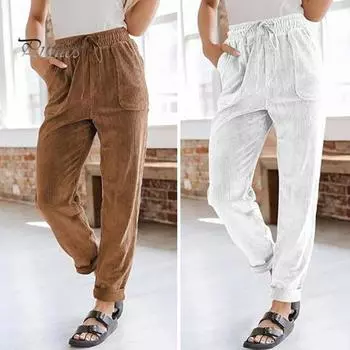 Женские вельветовые брюки с высокой талией, мешковатые, с эластичной резинкой на талии, повседневные брюки свободного кроя, с прямыми карманами, рабочие брюки S