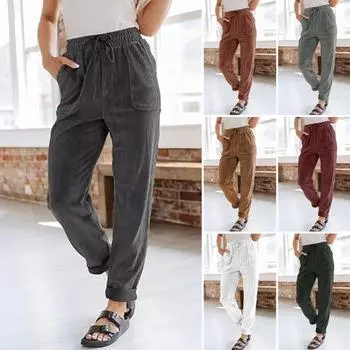 Женские вельветовые брюки с высокой талией, мешковатые, с эластичной резинкой на талии, повседневные брюки свободного кроя, с прямыми карманами, рабочие брюки S