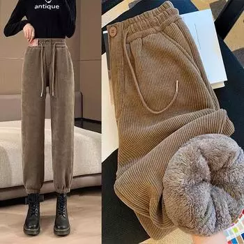 Женские вельветовые брюки-шаровары с высокой талией, осенне-зимние мешковатые брюки с флисовой подкладкой, винтажные брюки S чёрный
