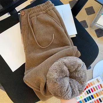 Женские вельветовые брюки-шаровары с высокой талией, осенне-зимние мешковатые брюки с флисовой подкладкой, винтажные брюки S чёрный