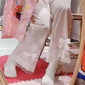 Женские вельветовые брюки в стиле японской Лолиты с высокой талией, милые кружевные широкие брюки с бантом, новая одежда Y2k, повседневные свободные милые брюки S розовый