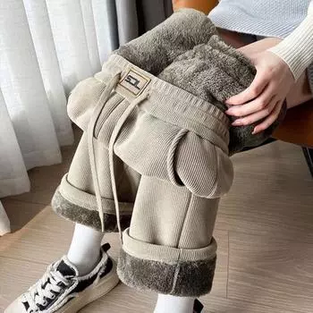 Женские вельветовые брюки Yousheng, эластичные, с высокой талией, прямые, широкие, длинные брюки, однотонные, с утолщенной флисовой подкладкой L темно-серого