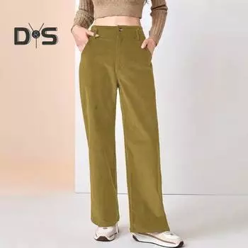 Женские вельветовые длинные брюки с высокой талией, застежкой-молнией, однотонные прямые широкие брюки с карманами для повседневной носки XL жёлтый