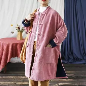 Женские вельветовые розовые парки, зимние теплые пальто с рукавами «летучая мышь», плотная одежда на пуговицах, теплые парки в китайском стиле One Size розовый