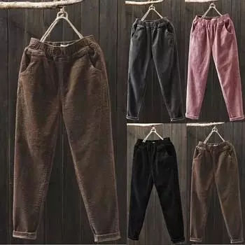 Женские вельветовые шаровары больших размеров, новые модные женские длинные брюки с эластичной талией, повседневные свободные брюки длиной до щиколотки M чёрный
