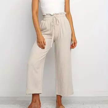 Женские весенне-летние эластичные брюки с высокой талией, однотонные повседневные девятые брюки XL бежевый