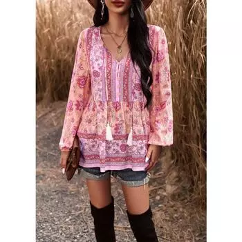 Женские весенне-летние элегантные блузки, повседневный топ с v-образным вырезом и длинными рукавами с принтом S розовый