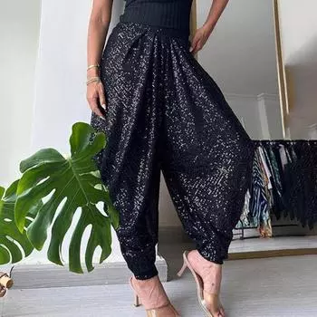 Женские весенне-летние брюки-фонарики с эластичной резинкой на талии, широкие блестящие брюки, однотонные вечерние повседневные шаровары, уличная одежда M серебряный