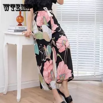 Женские весенне-летние длинные брюки с принтом больших размеров, женские свободные повседневные тонкие брюки с эластичной резинкой на талии One Size