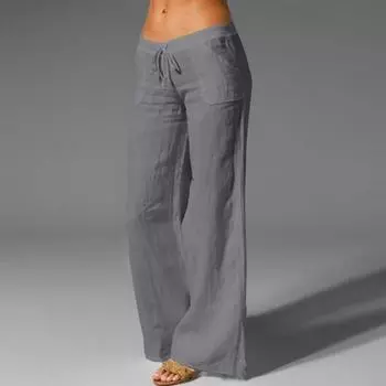 Женские весенне-летние хлопковые льняные брюки, повседневные широкие брюки с эластичной резинкой на талии, модные белые, черные брюки M серый