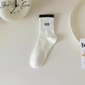 Женские весенне-летние хлопковые носки Женские носки средней длины Жаккард с буквенным принтом Двойные манжеты Противоскользящие Повседневные носки One size