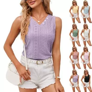 Женские весенне-летние новинки, V-образный вырез на пуговицах, однотонная повседневная одежда, майка с люверсами S синий