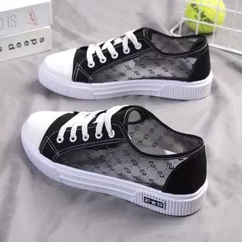 Женские весенне-летние новые дышащие парусиновые туфли с сеткой, модные универсальные туфли на плоской подошве 35 чёрный