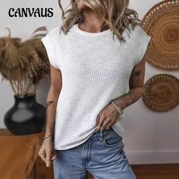 Женские весенне-летние новые модные вафельные топы с круглым вырезом и однотонным принтом и короткими рукавами S светло-синий